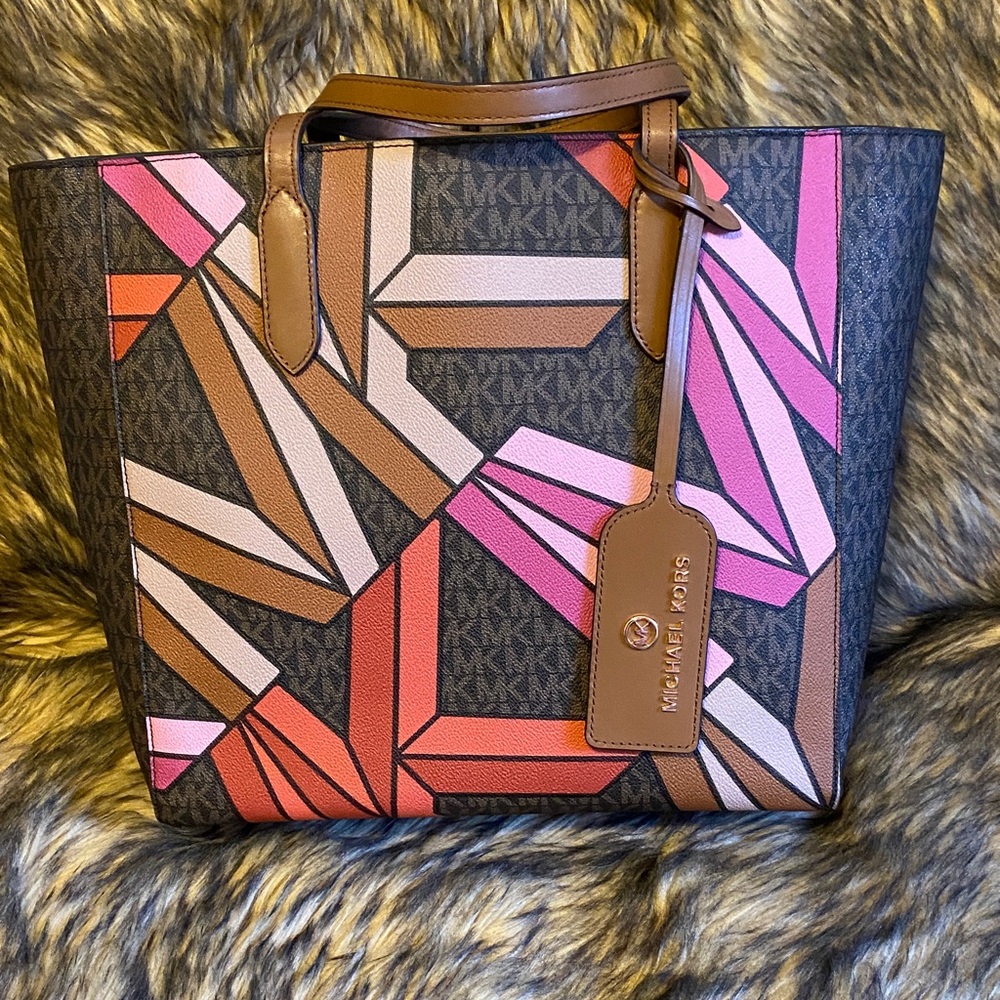 Michael Kors Brown Tote with Pink & Coral Geometric Graphic